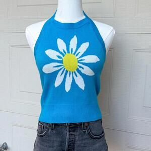 Y2K Daisy Halter Knit Top Blue Floral Stretch Crop Top Women’s M
